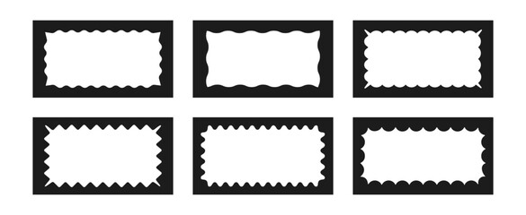 A collection of rectangular frames with wavy inner edges. Trendy zigzag curved geometric frames for decorative design, stamps, stickers, price tags. Vector illustration