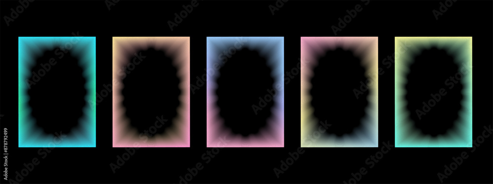 Poster collection of transparent rectangular gradient frames with wavy oval inner borders. set of retro fra