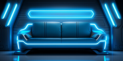 Futuristic blue couch in a dark room. Modern design. Empty space.