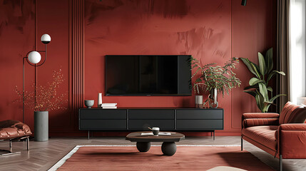 Modern living room with deep red walls and black furniture.
