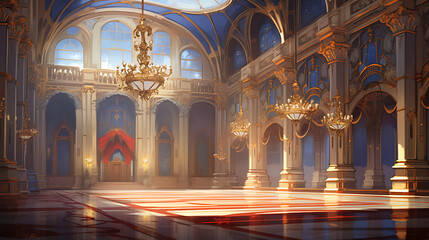 Grand hall, opulent interior, ornate chandeliers, royal ambiance.
