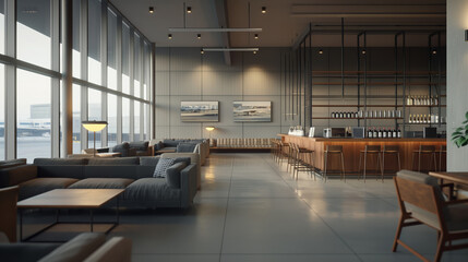 Modern airport lounge with bar area and seating. Comfortable waiting area for travelers. Luxury travel experience.
