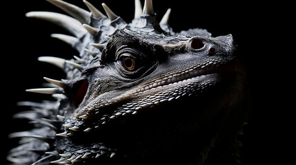 Close-up of a spiny lizard, dark and intense.

