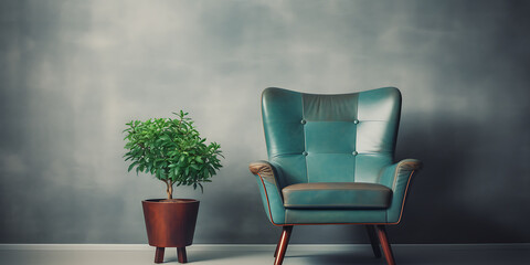 Empty room, a teal armchair, and a small plant.