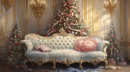 Ornate Christmas-themed room with a light blue sofa.
