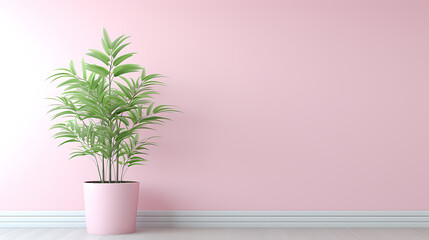 Pink room with a potted plant. Simple, minimalist design.
