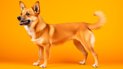 Orange dog stands against an orange background.

