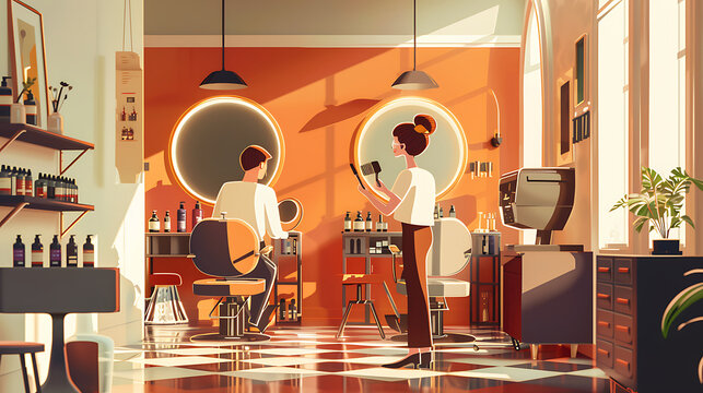 A sunny salon, two people getting haircuts.
