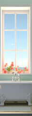 A white bathtub with claw feet, pink flowers, and a view of the ocean,  evoking relaxation, tranquility, and a spa-like experience. 
