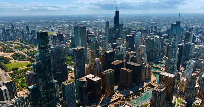 Spectacular view on the downtown of Chicago, Illinois, USA. Beautiful design of the modern buildings in the city center from aerial perspective.