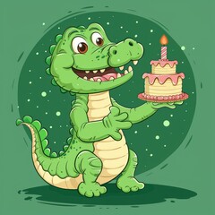 Fototapeta premium Adorable Birthday Alligator with Cake on Green
