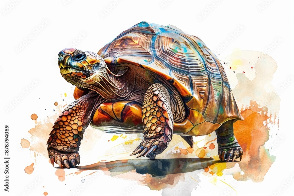 Poster a close-up view of a turtle sitting on a white surface, its shell and legs visible