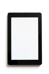 A black tablet computer is placed on a white surface