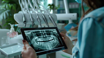 Doctor Showing Dental X-ray on Tablet in Dental Clinic