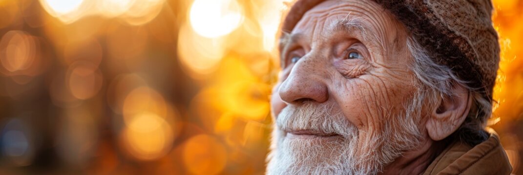 National Senior Citizens Day. Horizontal banner. Elderly smiling man with gray beard in autumn park. Free space for text. Support for the elderly concept