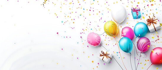 Birthday party banner template featuring colorful balloons and gifts on a white background, confetti scattered, space for text, in a sophisticated and stylish manner.