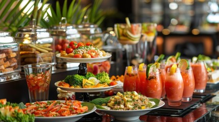 Fresh food and drinks displayed at a modern buffet