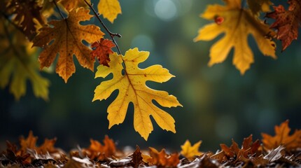 Fototapeta premium Autumn oak leaves in sunlight with blurred nature background, showcasing fall colors and natural outdoor beauty