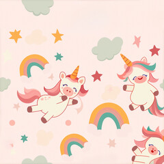 Obraz premium Cute unicorns and rainbows on a pink background, featuring whimsical and playful design elements, perfect for children's decor and creative projects. Seamless Pattern.