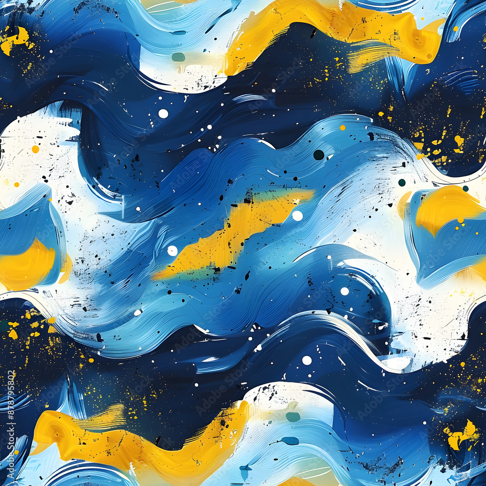 Aufkleber simple abstract seamless pattern with blue and yellow color. dynamic shapes, waves, and swirls compo