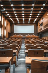  University lecture hall with empty seats and large projector screen.