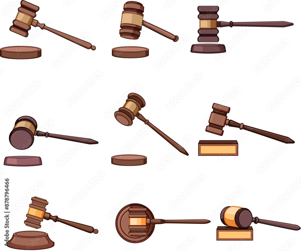 Wall mural judge hammer set cartoon. gavel justice, auction legal, mallet lawyer judge hammer sign. isolated sy