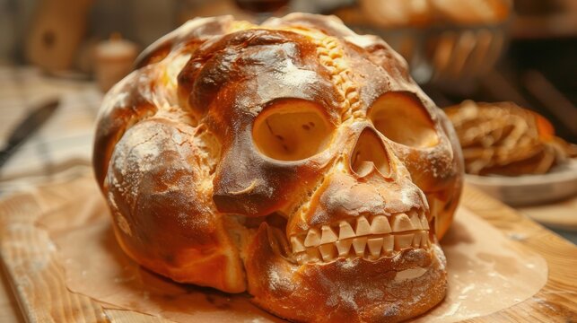 Homemade skull shaped bread loaf on wooden cutting board