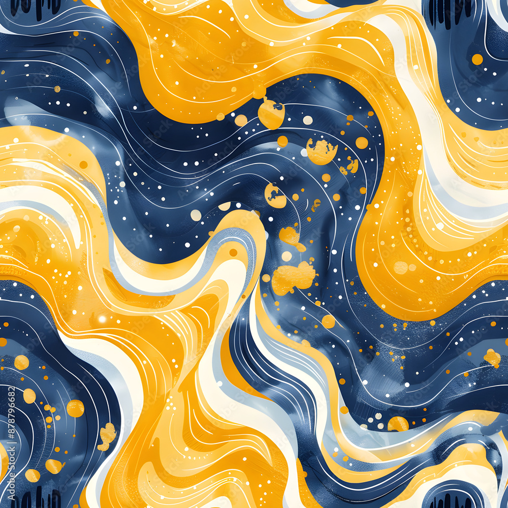Poster simple abstract seamless pattern with blue and yellow color. dynamic shapes, waves, and swirls compo