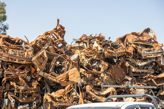 Sa'ad, Israel – May 9 2024, Cars remaining, burned cars after the attack on October 7th by Hamas. The cars were collected on the farmer's field and serves now as an attacks memorial and a remainder.