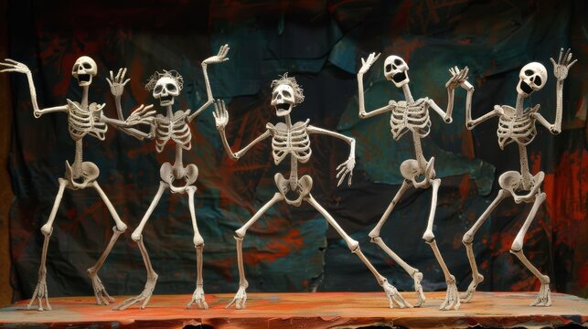 Five skeletons dancing on a wooden platform