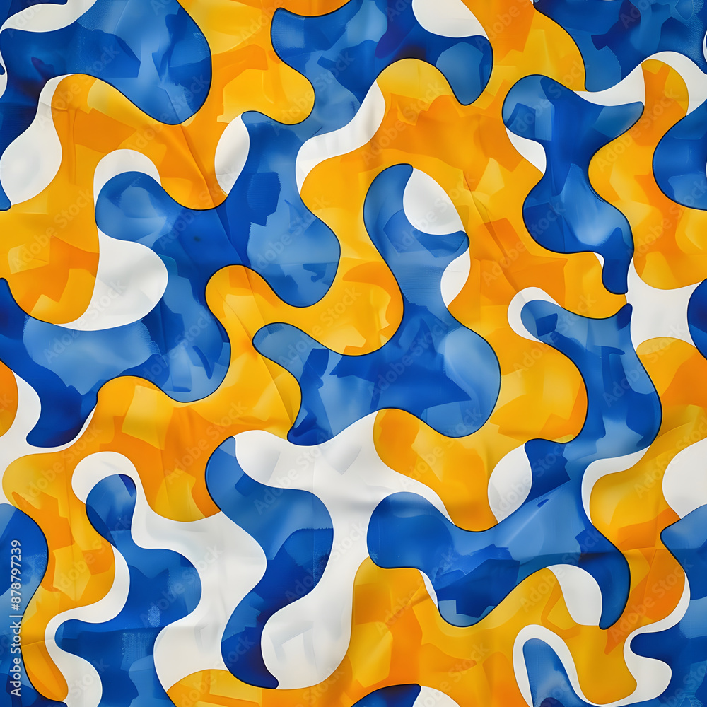 Poster simple abstract seamless pattern with blue and yellow color. dynamic shapes, waves, and swirls compo