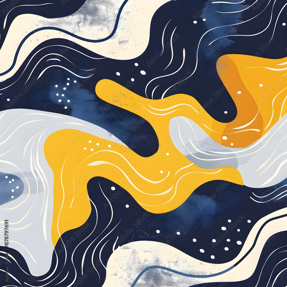 Poster simple abstract seamless pattern with blue and yellow color. dynamic shapes, waves, and swirls compo