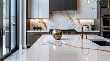 Modern kitchen island with gold faucet and marble countertop