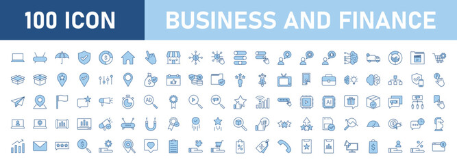 Set of blue thin line color icons related to business and finance. set of digital marketing, innovation, insurance, management, dollar icons. editable strokes. vector illustration. white background.