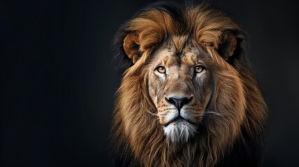 Fototapeta premium Close up portrait of a male lion with a full mane against a black background