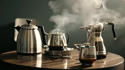 modern coffee brewing setup on a dark wooden table - Powered by Adobe