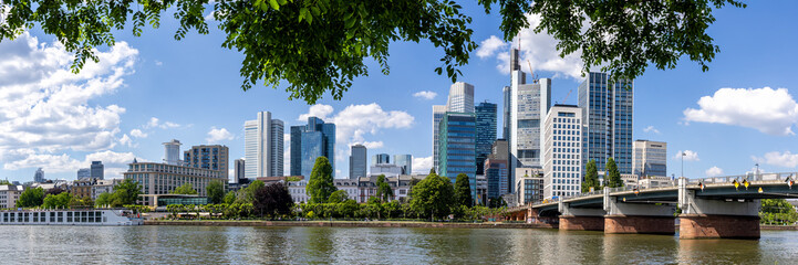 Frankfurt skyline panorama with skyscrapers downtown city, Main river and Untermain bridge in Frankfurt, Germany