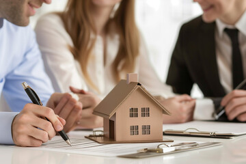 realtor signing mortgage agreement for new home with couple of happy young clients