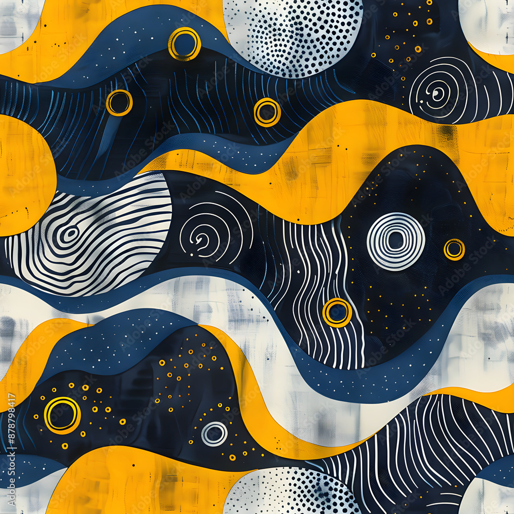 Aufkleber simple abstract seamless pattern with blue and yellow color. dynamic shapes, waves, and swirls compo