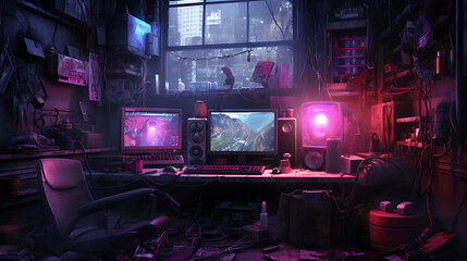 Dark, cluttered room, neon-lit gaming setup. Desolate, futuristic vibe.
