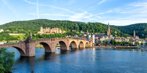 Heidelberg with castle, Neckar river and old bridge panorama in Heidelberg, Germany