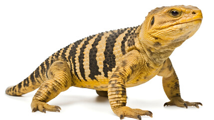 Naklejka premium Yellow lizard with black stripes, alert posture. 
