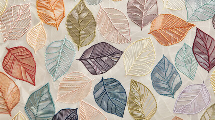 A pattern of embroidered leaves in various colors, arranged on fabric. The embroidery is detailed and realistic, with each leaf having its own unique color and texture