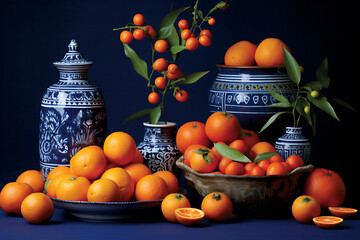Blue, orange, and green still life with oranges in a bowl, a vase, and a jar,  evoking a classic, elegant, and refreshing mood for a holiday or special event. 
