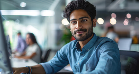 Fototapeta premium Portrait of a South Asian Financial Securities Trader Working on Desktop Computer in a Modern Office. Handsome Indian Accountant Bookkeeping Financial Affairs of a Business Venture