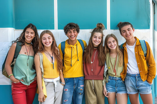 Diverse college students standing together on a blue wall - Photo portrait of multiracial teenagers in front of university building
