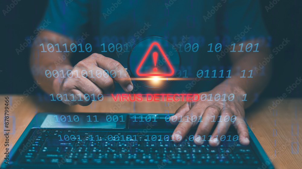 Poster cyber security concept, man holding magnifying glass with caution warning sign and virus detected al