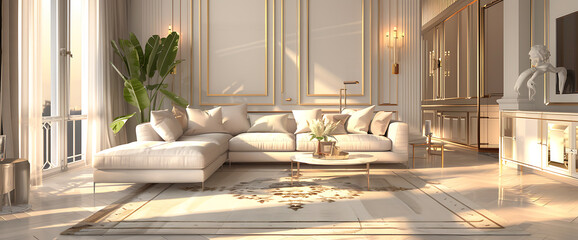 Luxurious white sectional sofa, gold accents, and a large rug, creating a sophisticated and elegant living room design. 
