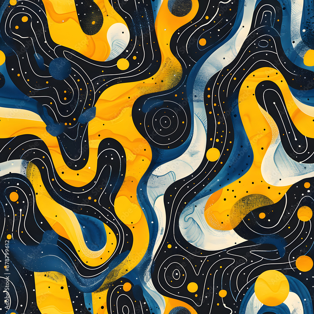 Poster simple abstract seamless pattern with blue and yellow color. dynamic shapes, waves, and swirls compo