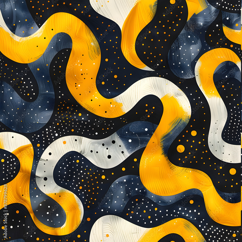 Poster simple abstract seamless pattern with blue and yellow color. dynamic shapes, waves, and swirls compo